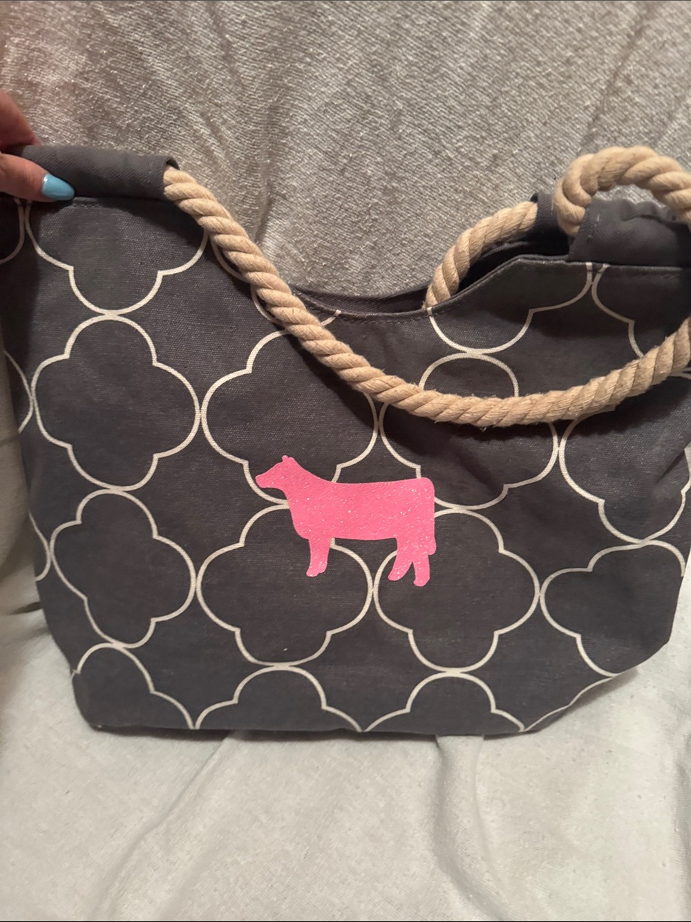 Canvas Rope-Handle Tote Bag with Pink Cow Accent - Gray